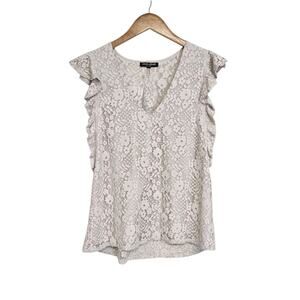 David Lerner Off White Beige Lace Ruffle Cap Sleeve Top Size Medium
